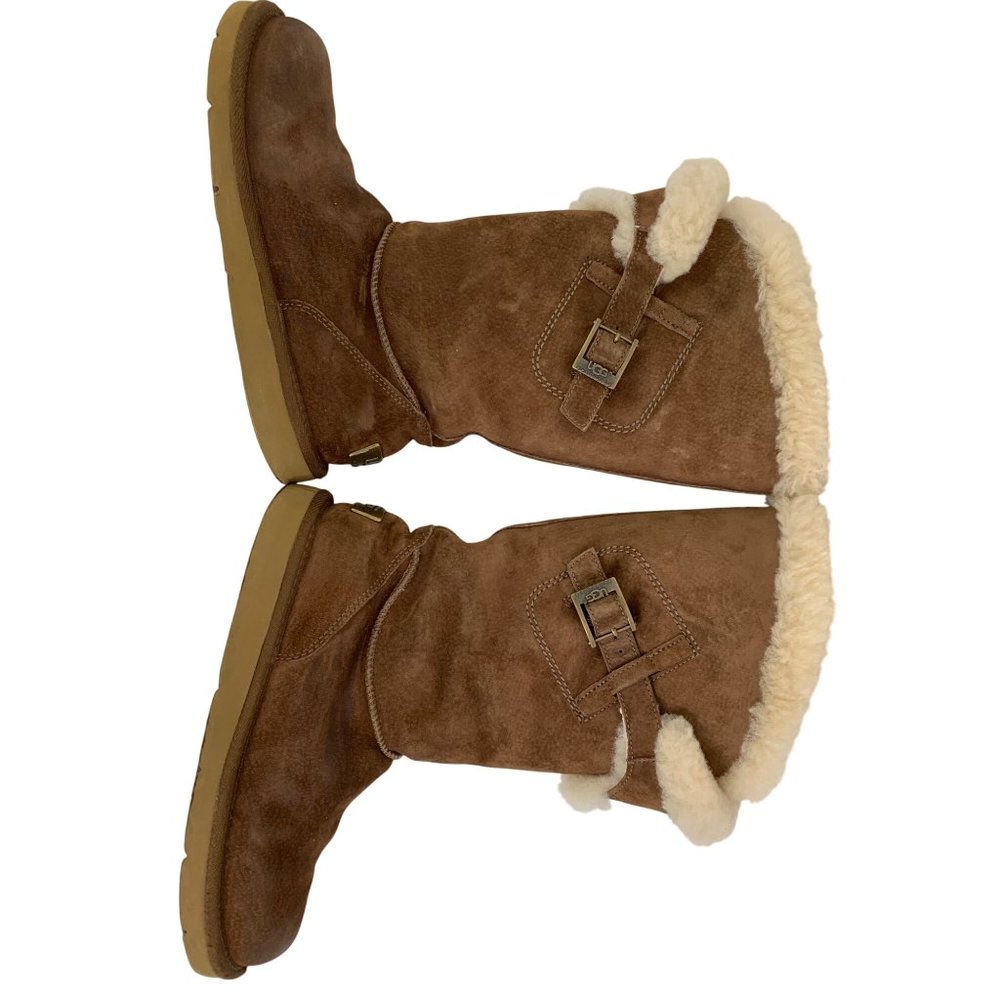 7 UGG Womens Tall Brown Messenger Pocket Shearling Boots Buckle Detail 8587 - Picture 13 of 14